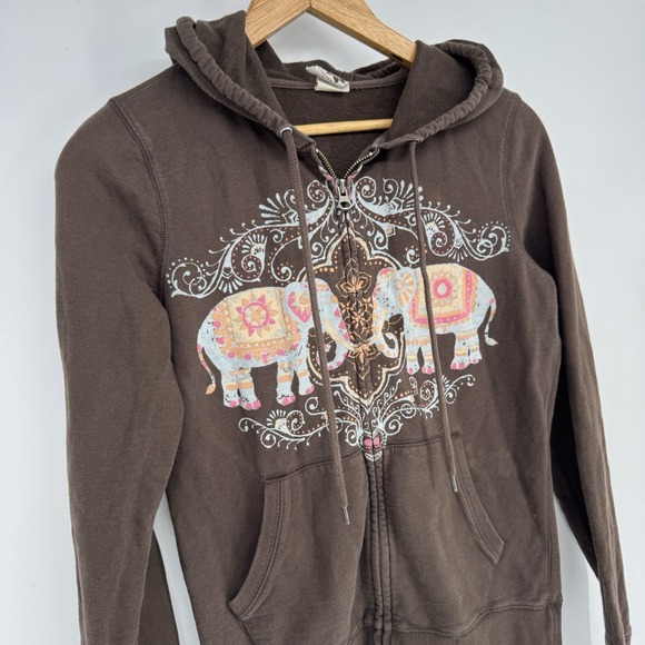 Vintage Lucky Brand Hoodie‎ Women's Small Brown Elephant Oriental Sweatshirt Y2K - Picture 3 of 7